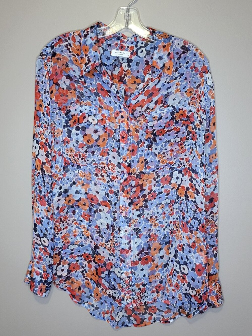 Equipment Femme Silk Floral Button Front Blouse Medium Blue Orange Long Sleeve